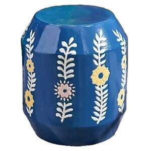 Blue Hand Painted Round Ceramic Garden Seat Stool Indoor Outdoor  New In Box